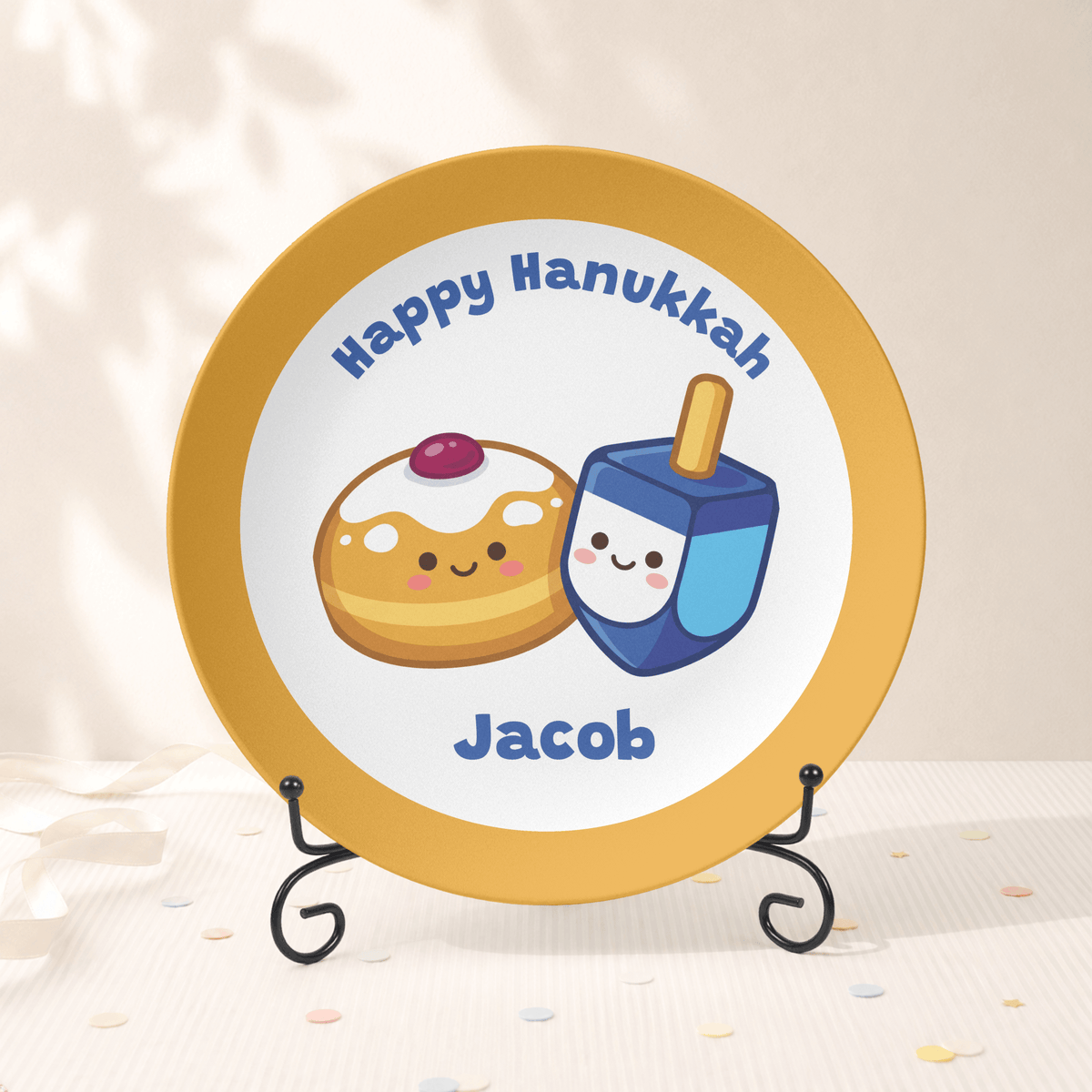 Personalized Hanukkah Plate | Cute Sufganiyah & Dreidel Kids Plate Plate With Stand by Lil Plate Shop