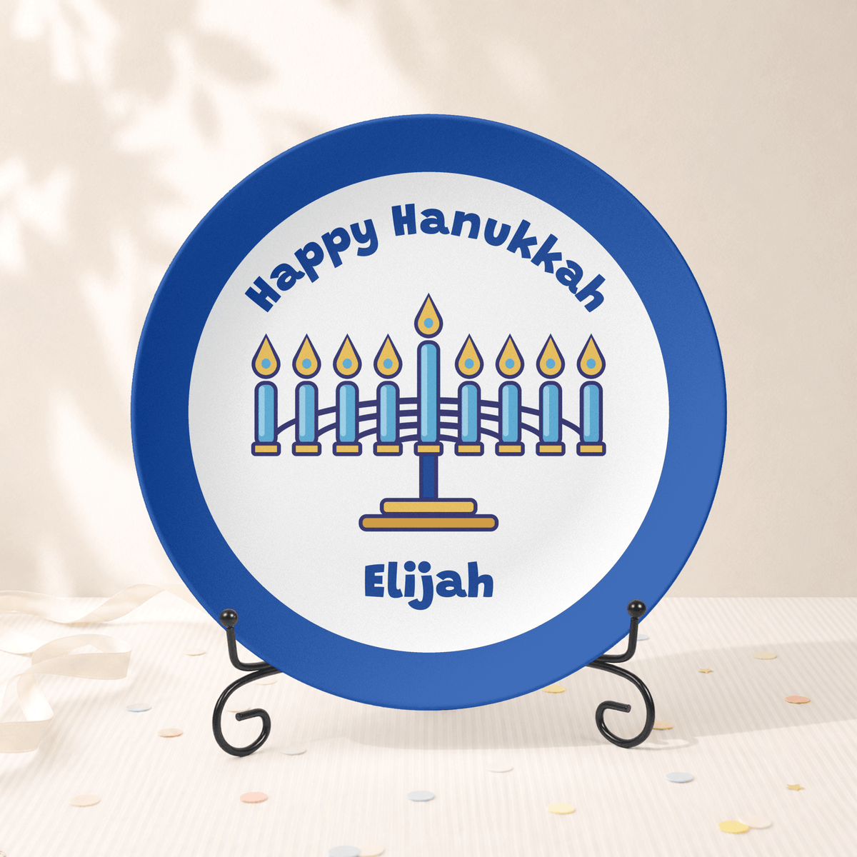 Personalized Menorah Hanukkah Plate | Classic Blue Rim Kids Chanukah Plate Plate With Stand by Lil Plate Shop