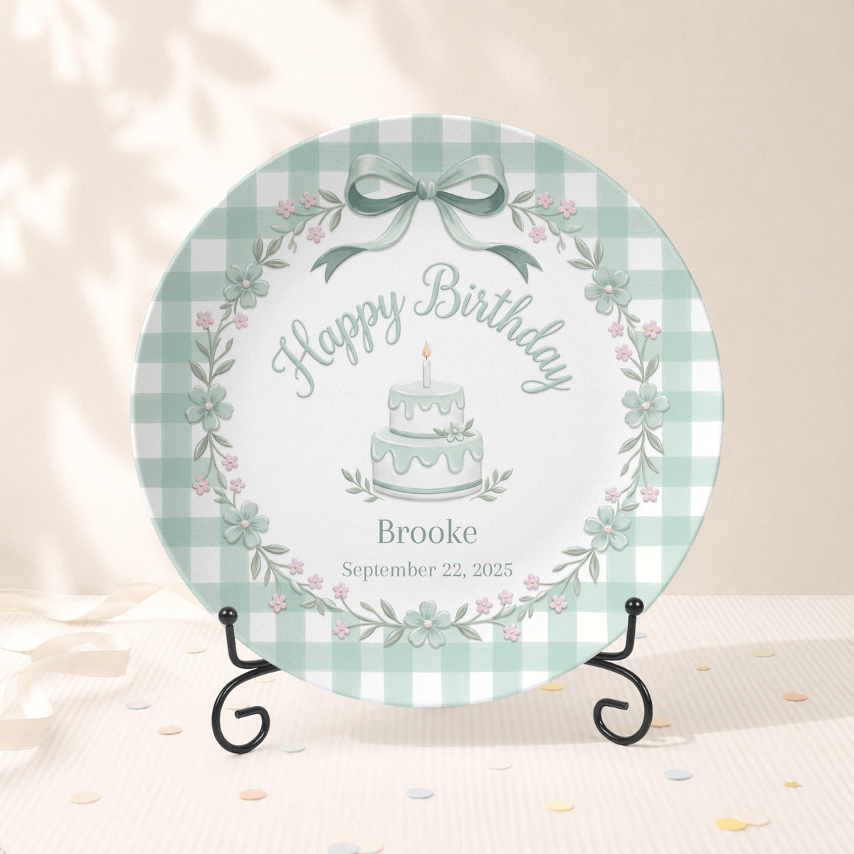 Green Gingham Bow Birthday Plate Plate With Stand by Lil Plate Shop