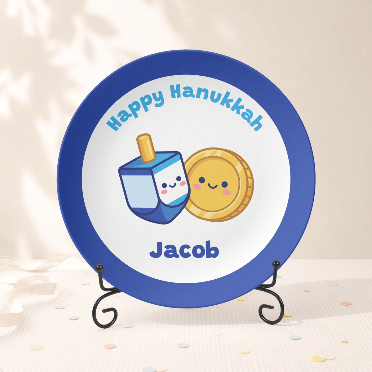 Personalized Hanukkah Plate | Cute Dreidel & Gelt Kids Plate Plate With Stand by Lil Plate Shop