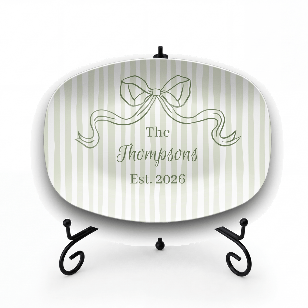 Personalized Sage Green Striped Platter Platter + Stand + Gift Box by Lil Plate Shop