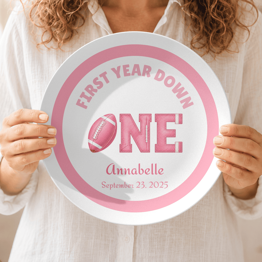 First Year Down Girl's Football Birthday Plate by Lil Plate Shop