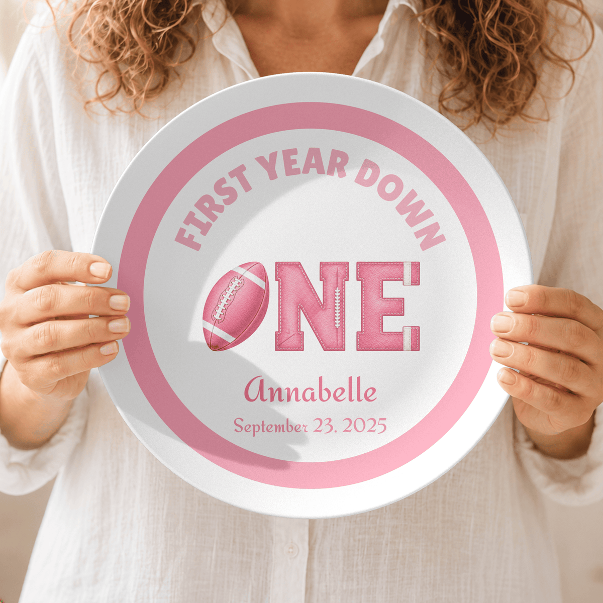 First Year Down Girl's Football Birthday Plate by Lil Plate Shop