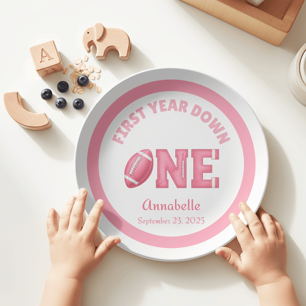 First Year Down Girl's Football Birthday Plate by Lil Plate Shop