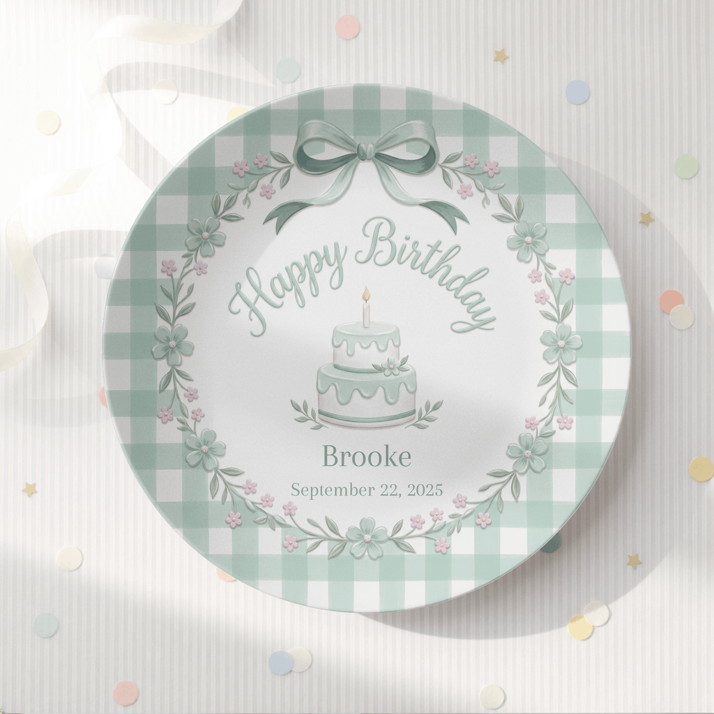 Green Gingham Bow Birthday Plate by Lil Plate Shop