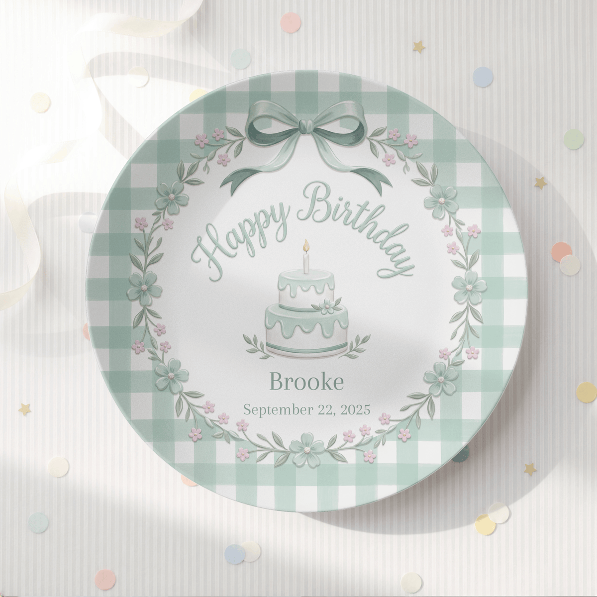 Green Gingham Bow Birthday Plate by Lil Plate Shop
