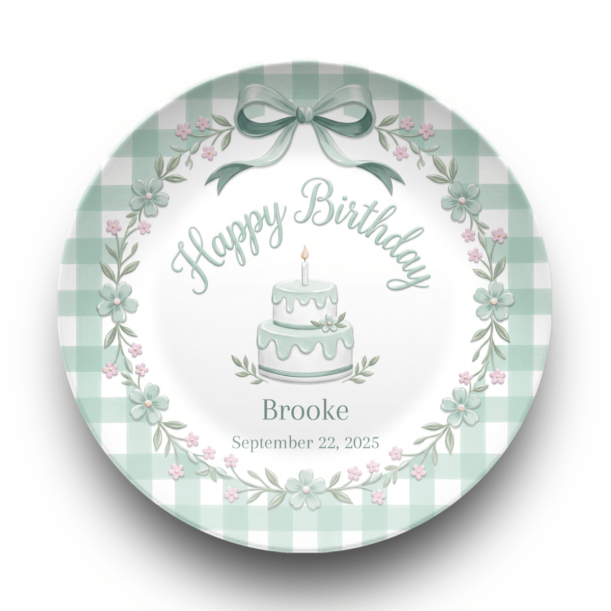 Green Gingham Bow Birthday Plate Plate by Lil Plate Shop