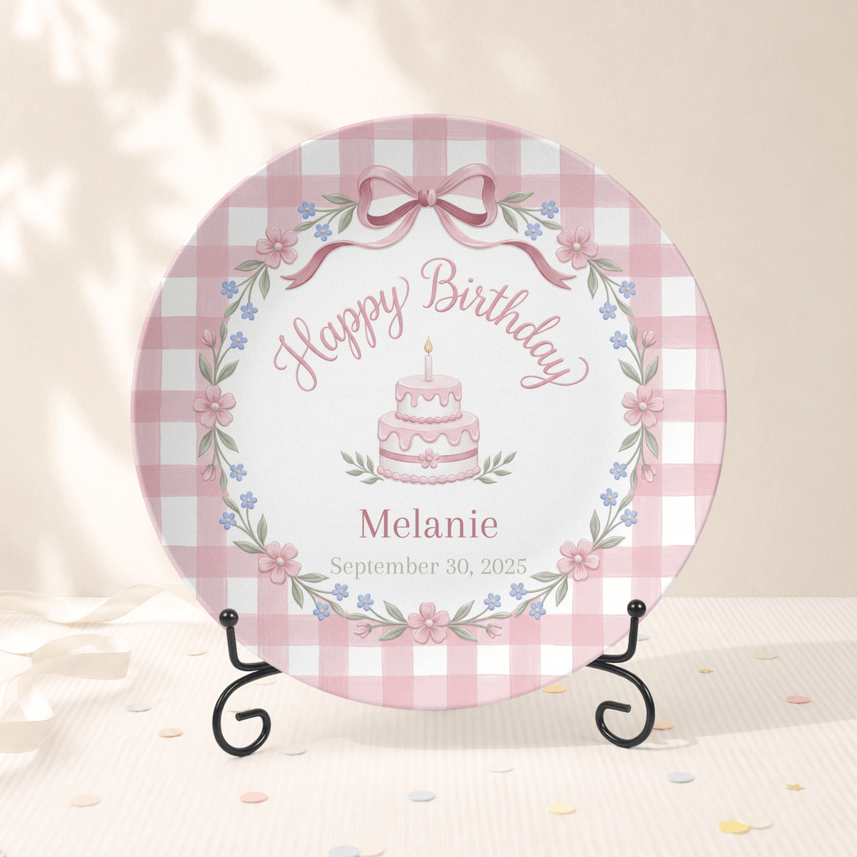 Pink Gingham Bow Birthday Plate Plate With Stand by Lil Plate Shop