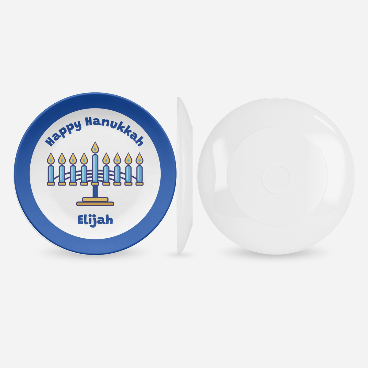 Personalized Menorah Hanukkah Plate | Classic Blue Rim Kids Chanukah Plate by Lil Plate Shop
