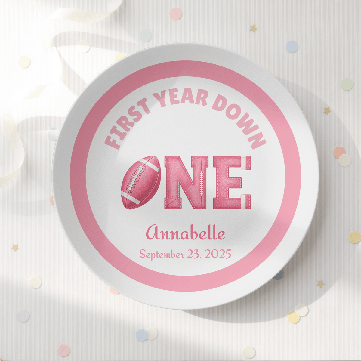 First Year Down Girl's Football Birthday Plate by Lil Plate Shop