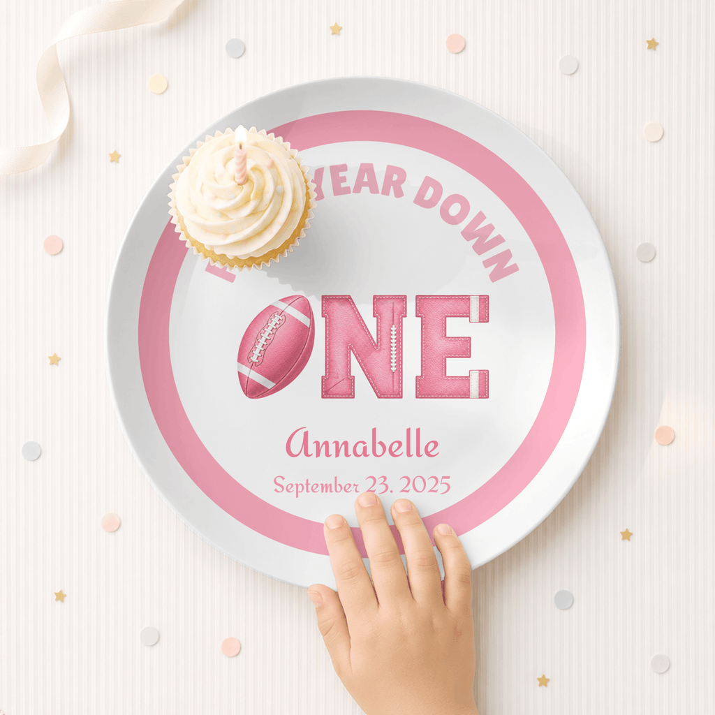 First Year Down Girl's Football Birthday Plate by Lil Plate Shop