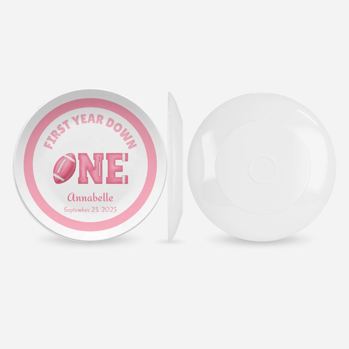 First Year Down Girl's Football Birthday Plate by Lil Plate Shop