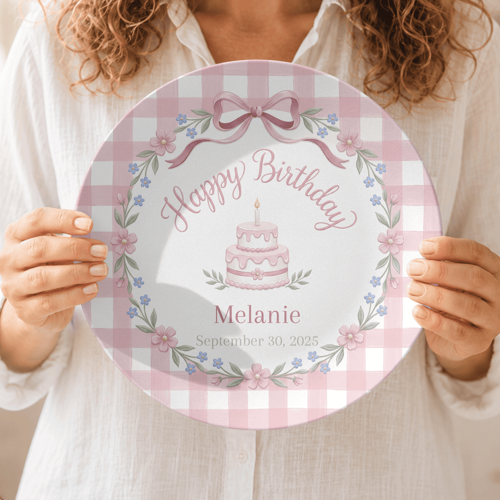 Pink Gingham Bow Birthday Plate by Lil Plate Shop