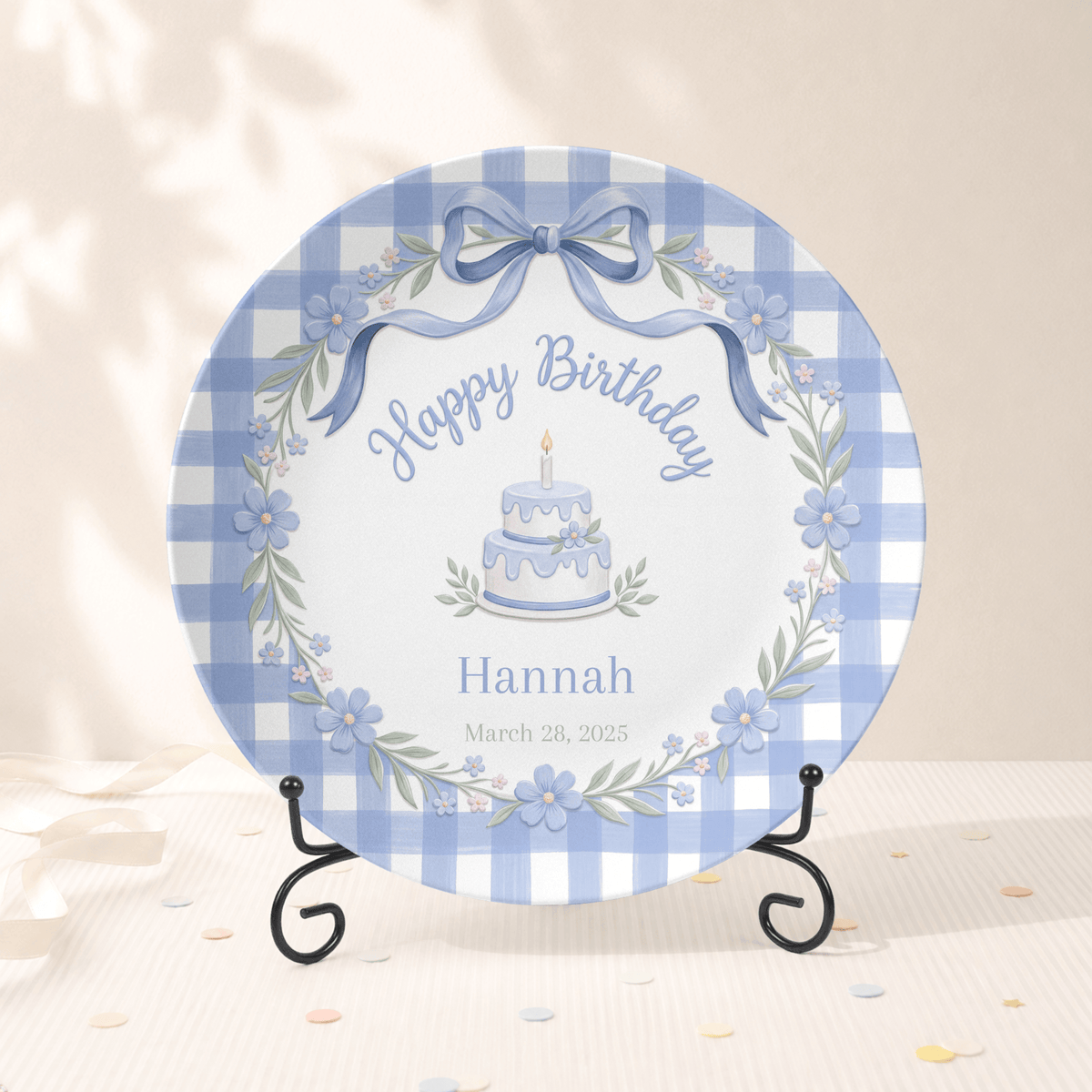 Blue Gingham Bow Birthday Plate Plate With Stand by Lil Plate Shop