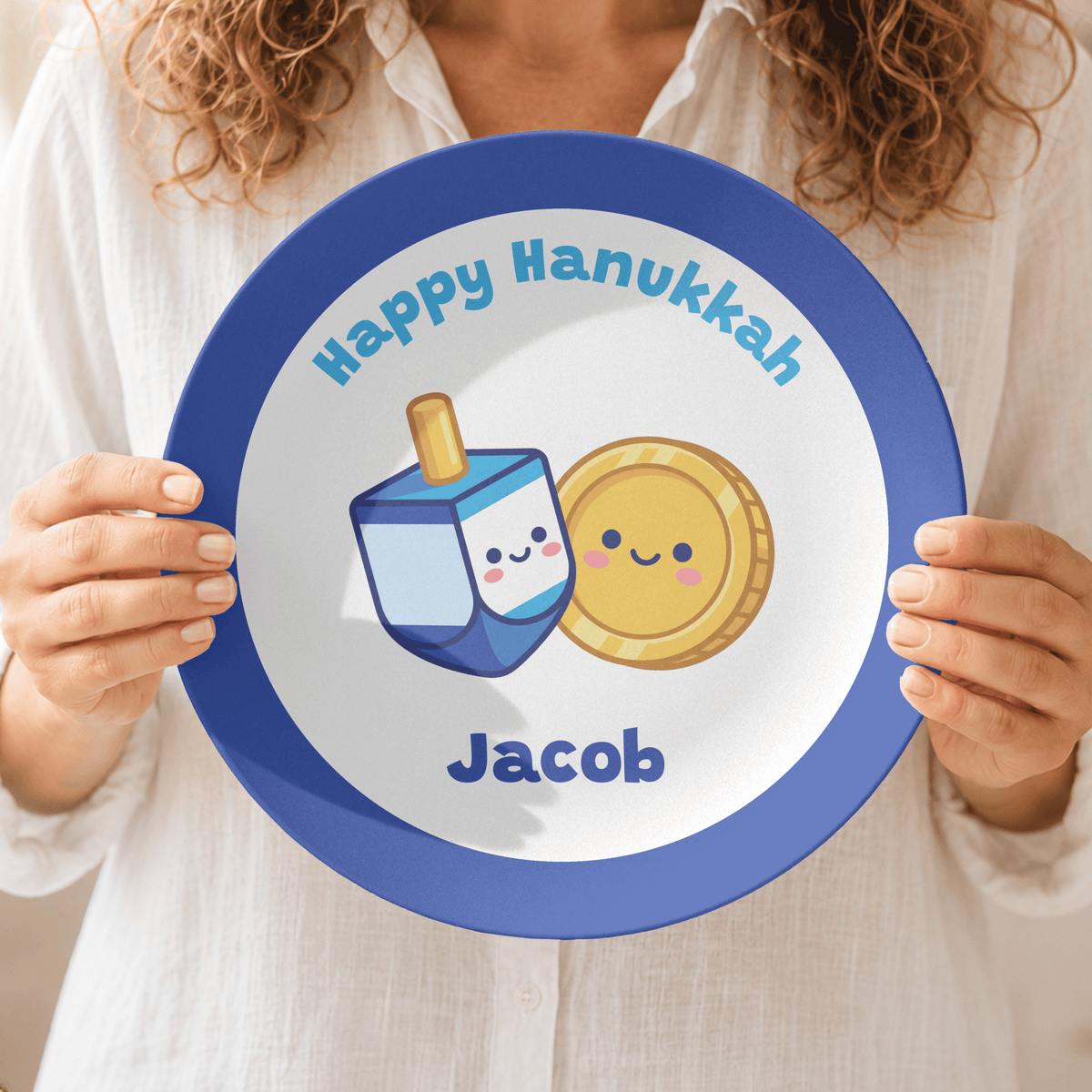 Personalized Hanukkah Plate | Cute Dreidel & Gelt Kids Plate by Lil Plate Shop