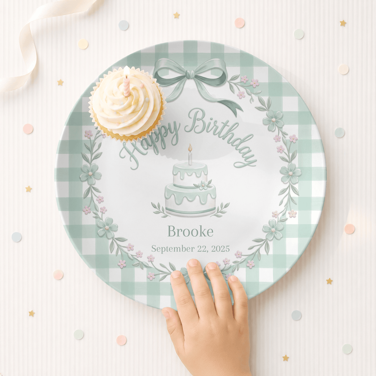 Green Gingham Bow Birthday Plate by Lil Plate Shop