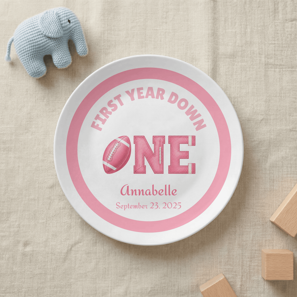 First Year Down Girl's Football Birthday Plate by Lil Plate Shop