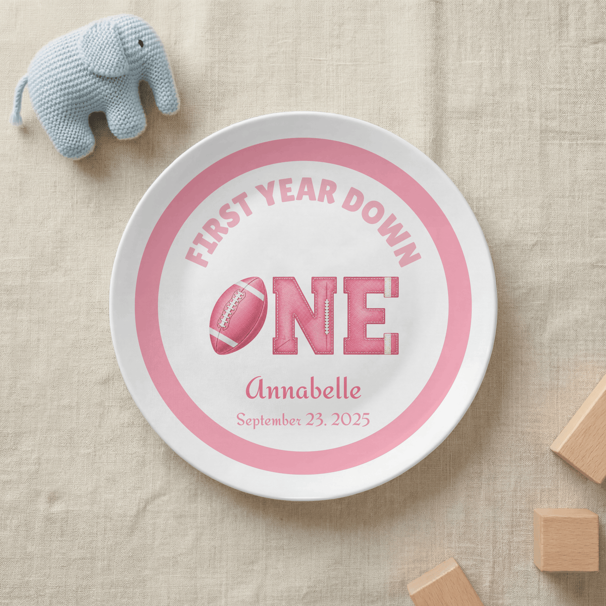 First Year Down Girl's Football Birthday Plate by Lil Plate Shop