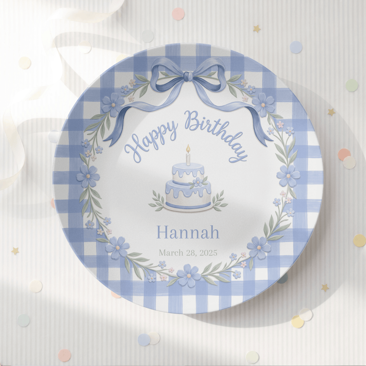 Blue Gingham Bow Birthday Plate by Lil Plate Shop