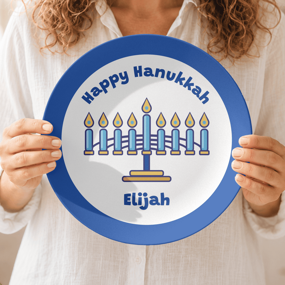 Personalized Menorah Hanukkah Plate | Classic Blue Rim Kids Chanukah Plate by Lil Plate Shop