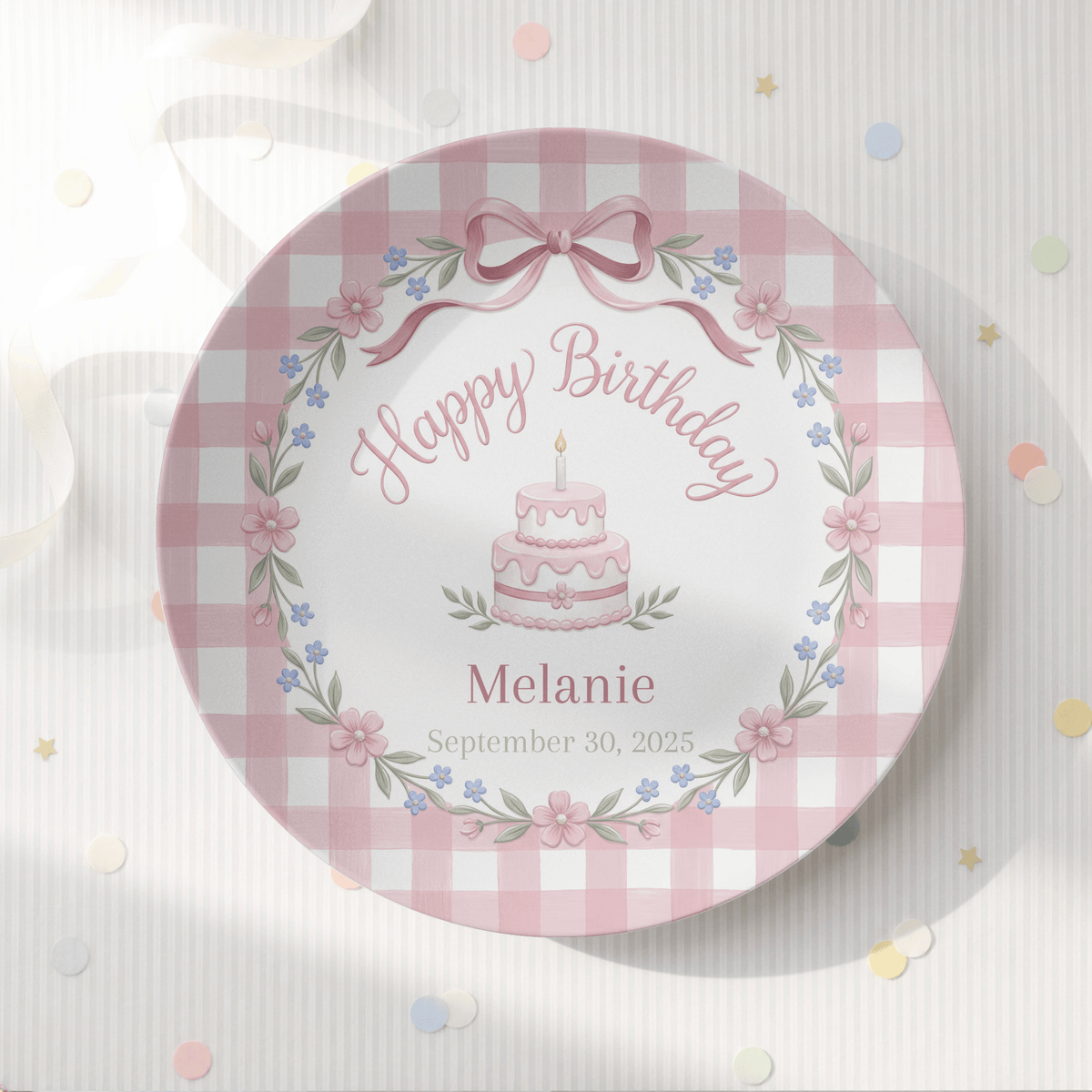 Pink Gingham Bow Birthday Plate by Lil Plate Shop