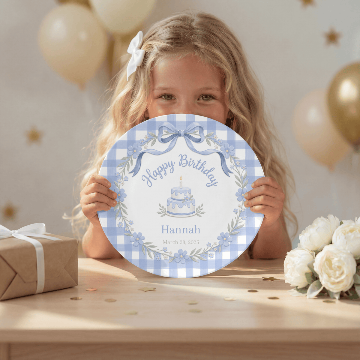 Blue Gingham Bow Birthday Plate by Lil Plate Shop