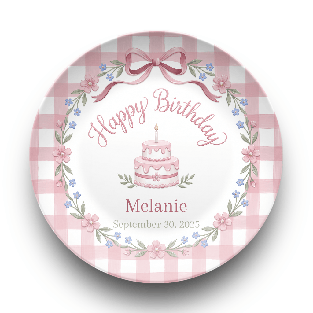 Pink Gingham Bow Birthday Plate Plate by Lil Plate Shop
