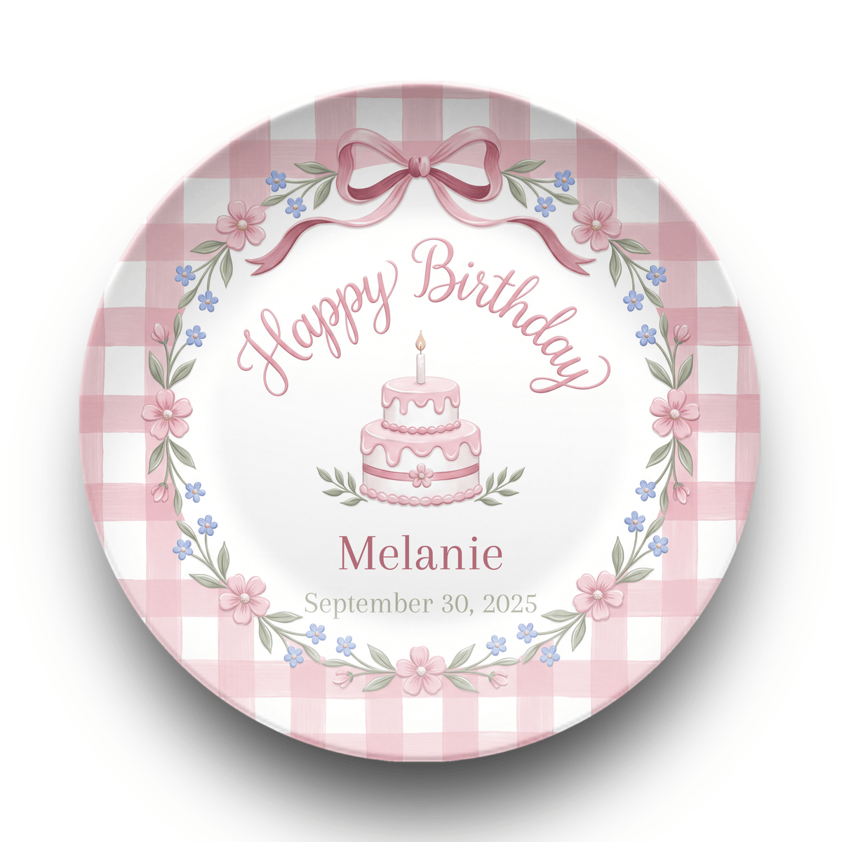 Pink Gingham Bow Birthday Plate Plate by Lil Plate Shop