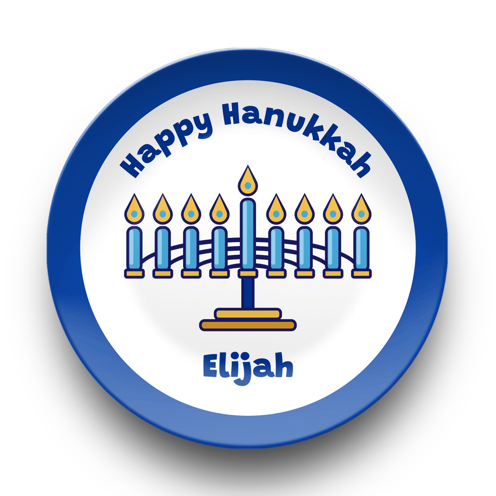 Personalized Menorah Hanukkah Plate | Classic Blue Rim Kids Chanukah Plate Plate by Lil Plate Shop
