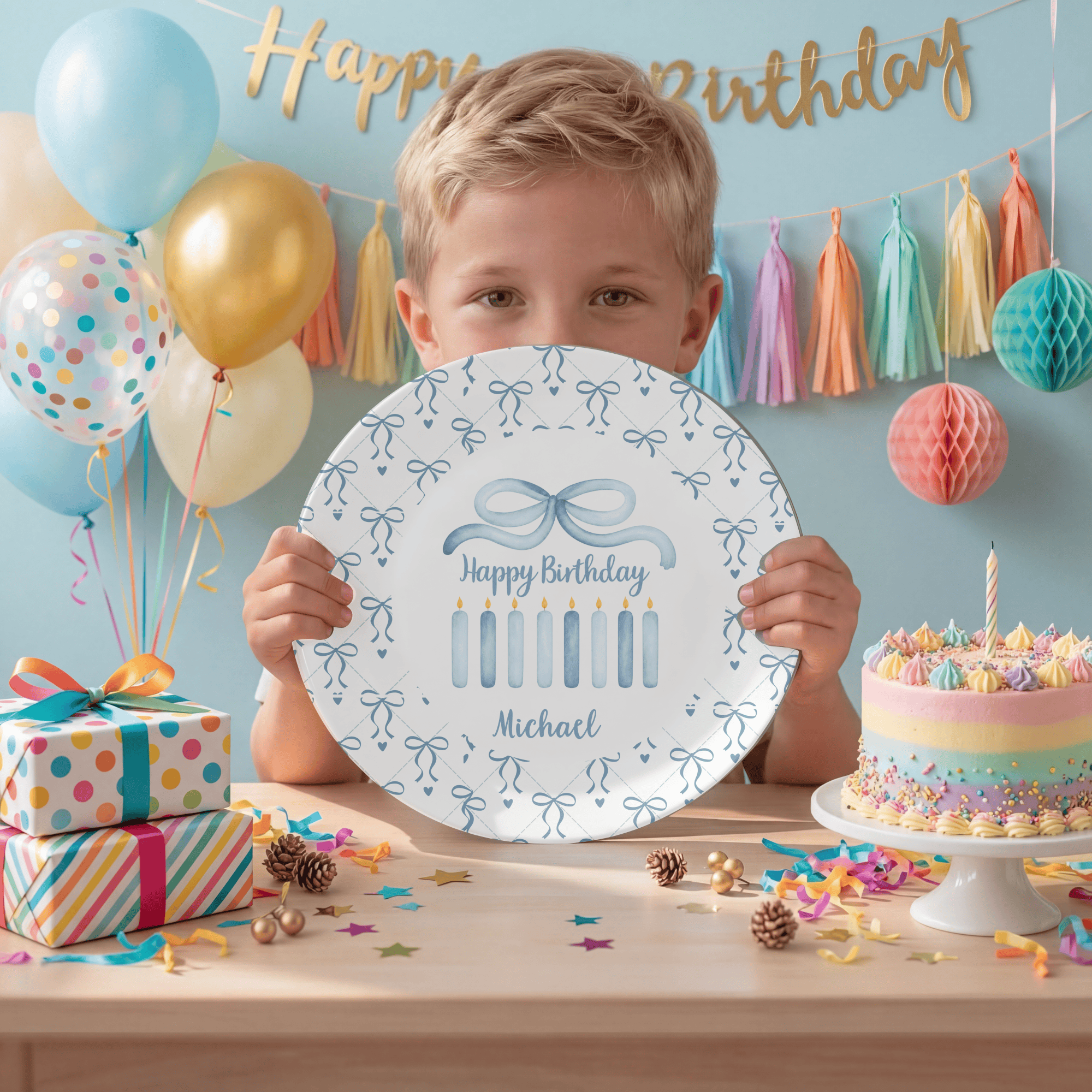 Blue Coquette Watercolor Bow Birthday Plate by Lil Plate Shop