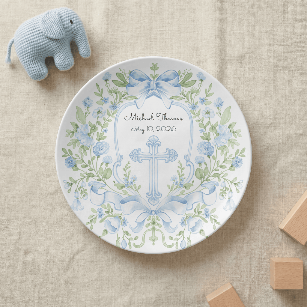 Blue Floral Cross Christening Plate by Lil Plate Shop