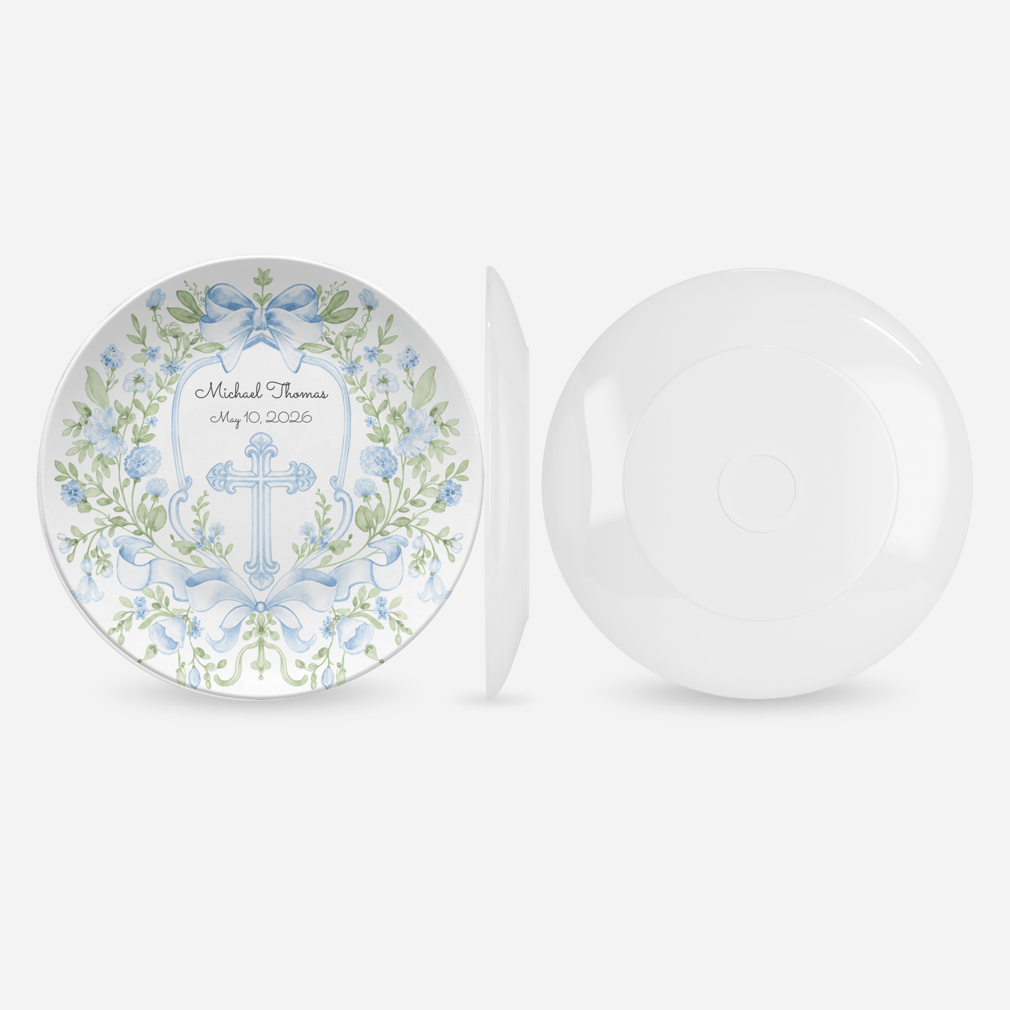 Blue Floral Cross Christening Plate by Lil Plate Shop