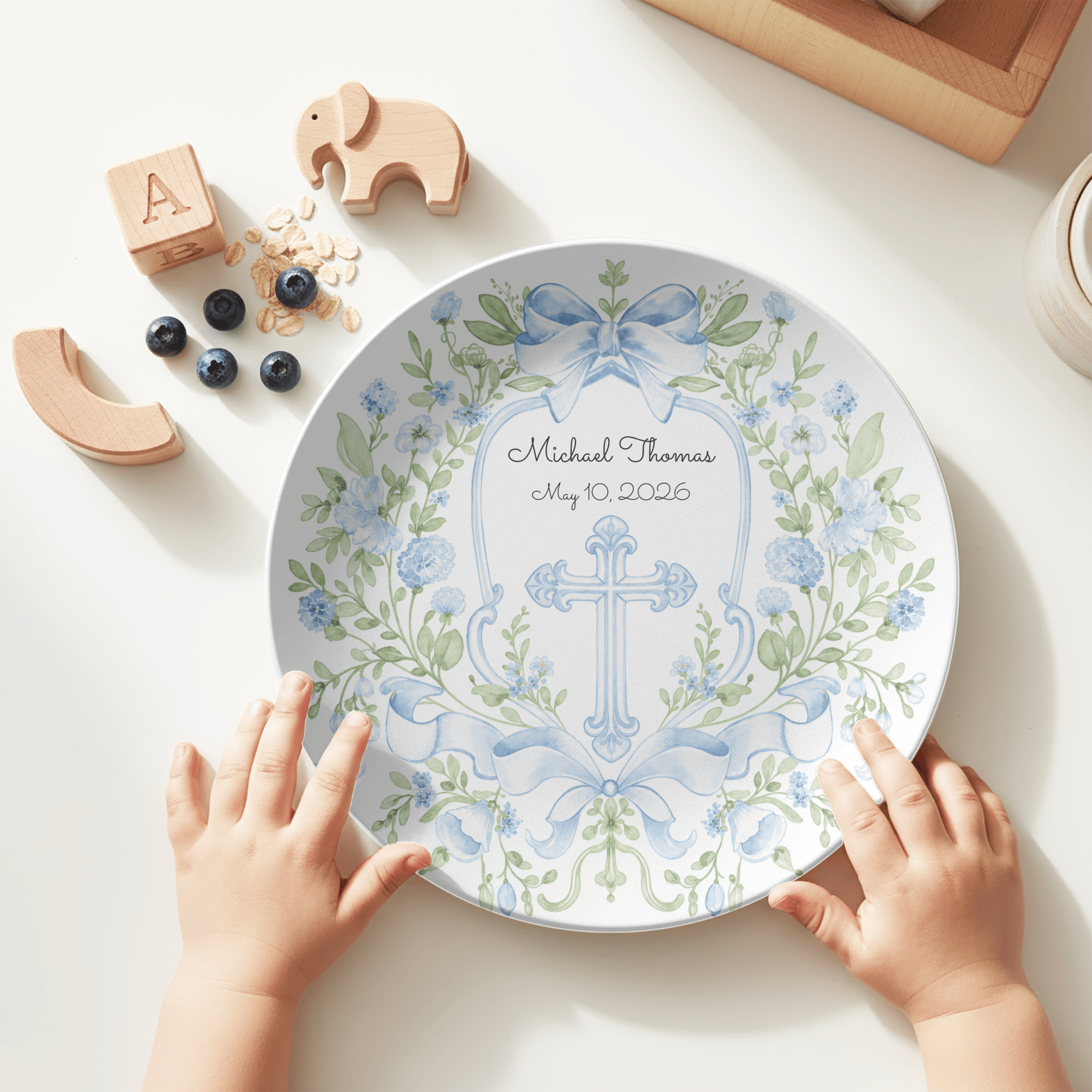 Blue Floral Cross Christening Plate by Lil Plate Shop