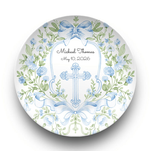 Blue Floral Cross Christening Plate by Lil Plate Shop