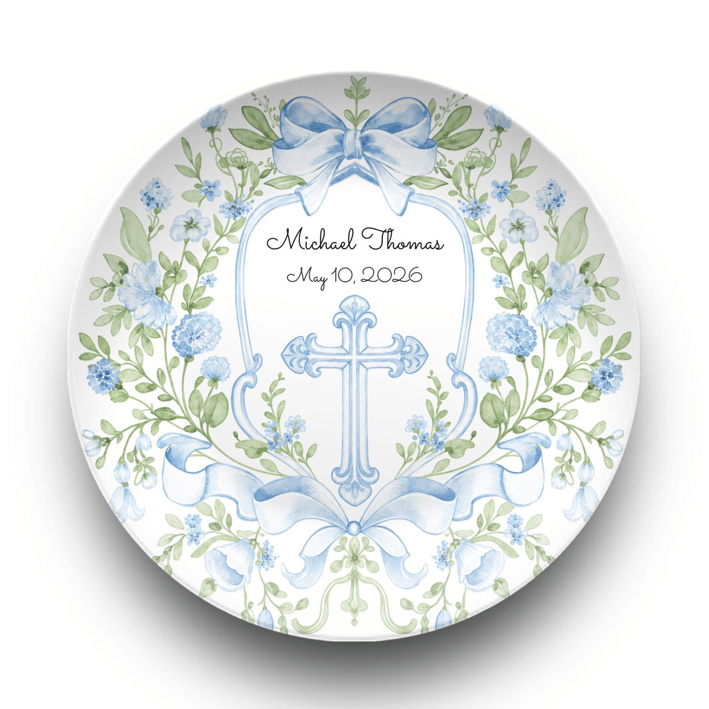 Blue Floral Cross Christening Plate by Lil Plate Shop