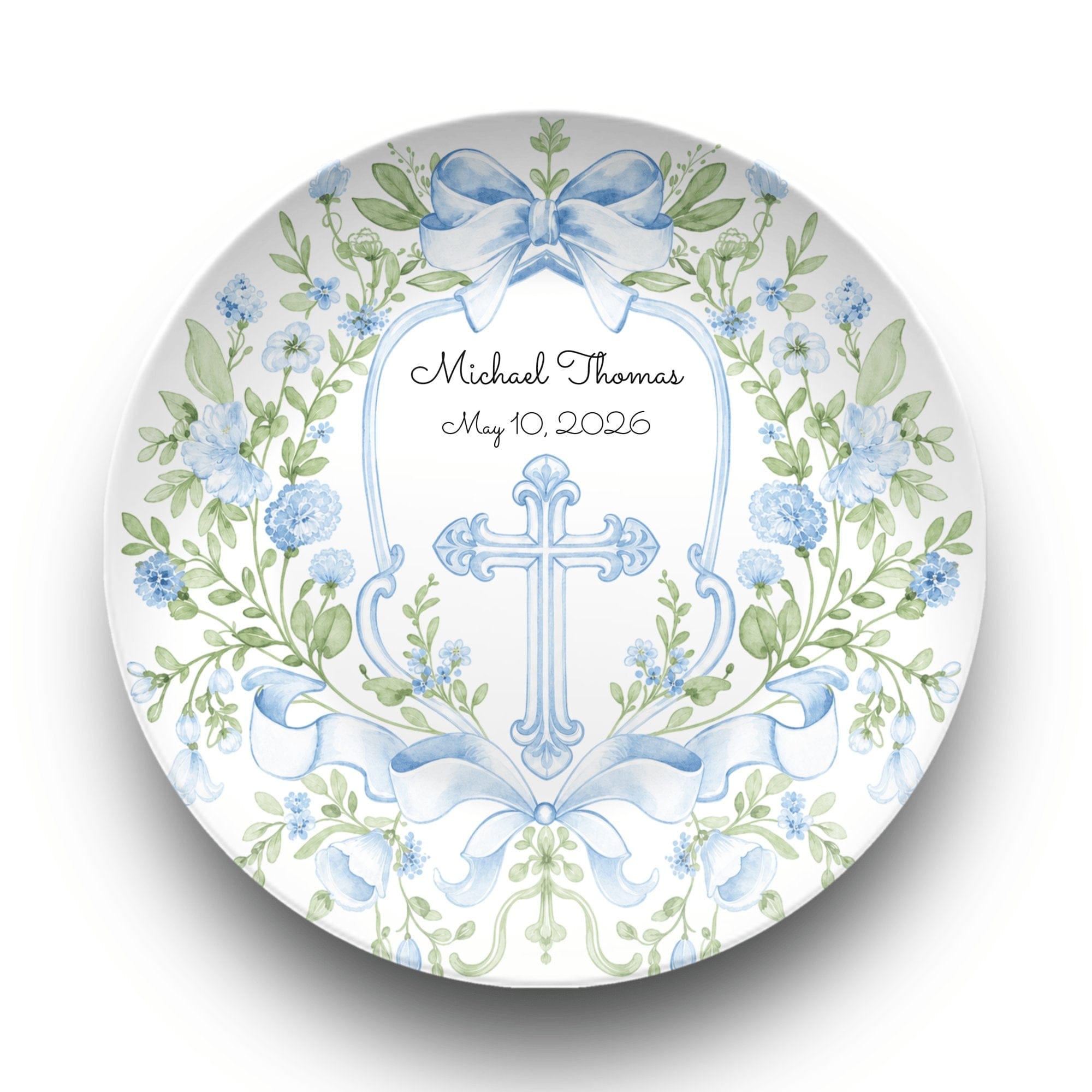 Blue Floral Cross Christening Plate by Lil Plate Shop