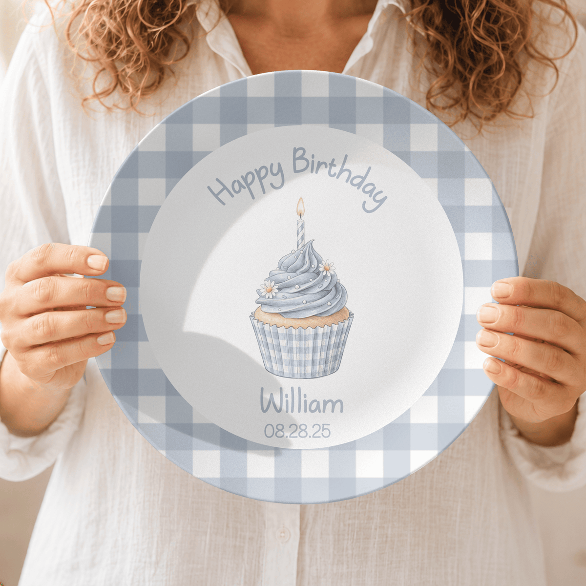 Blue Gingham Birthday Cupcake Plate by Lil Plate Shop