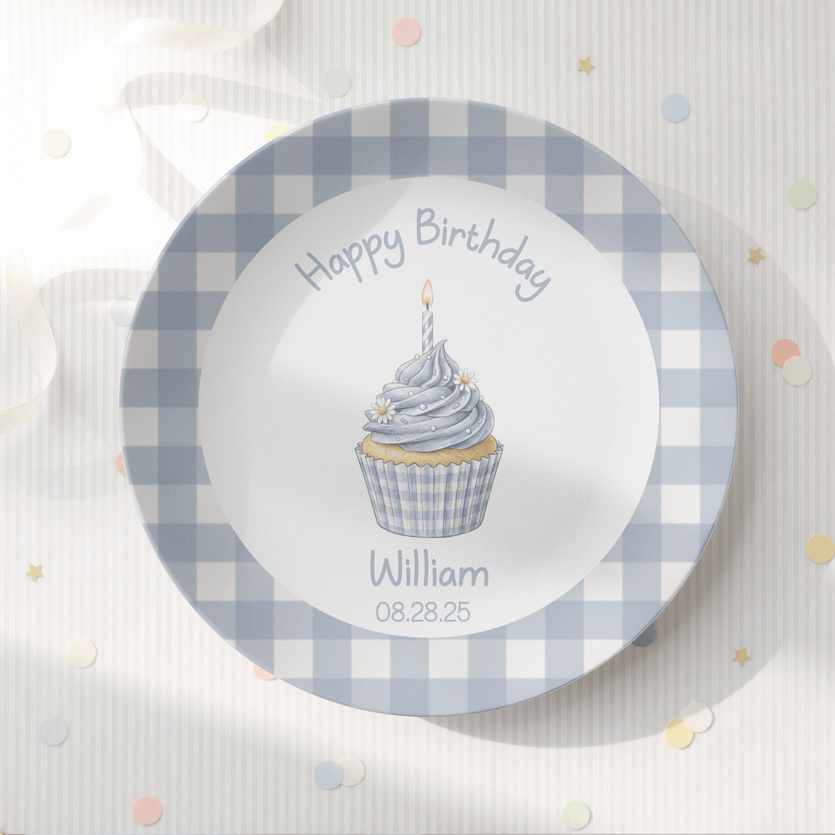 Blue Gingham Birthday Cupcake Plate by Lil Plate Shop