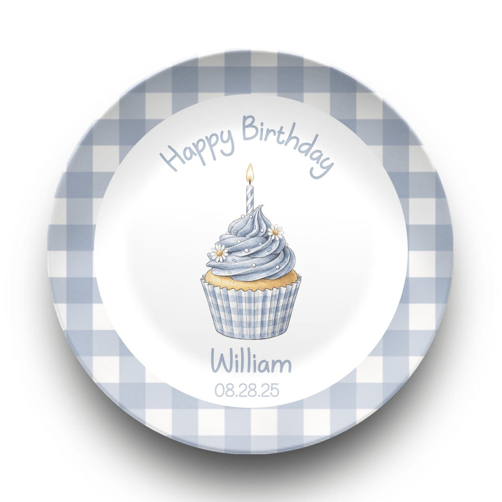 Blue Gingham Birthday Cupcake Plate Plate by Lil Plate Shop