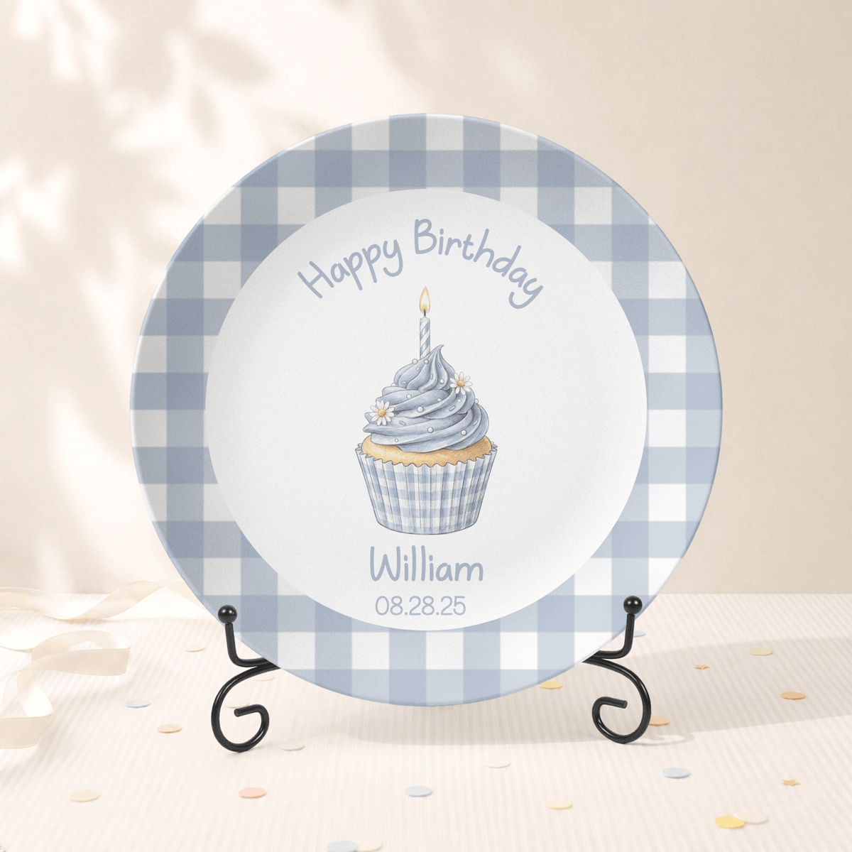 Blue Gingham Birthday Cupcake Plate Plate With Stand by Lil Plate Shop