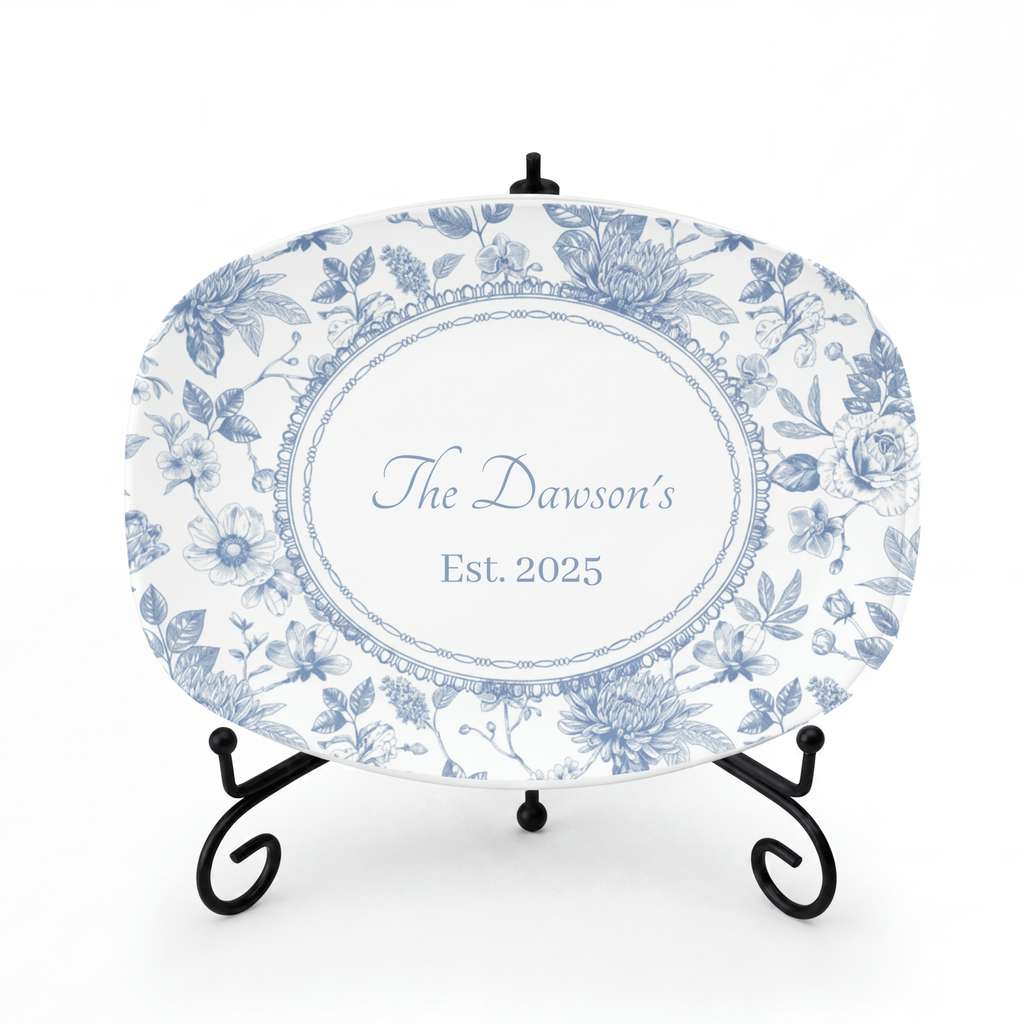 Blue Toile Family Name Platter Platter + Stand + Gift Box by Lil Plate Shop