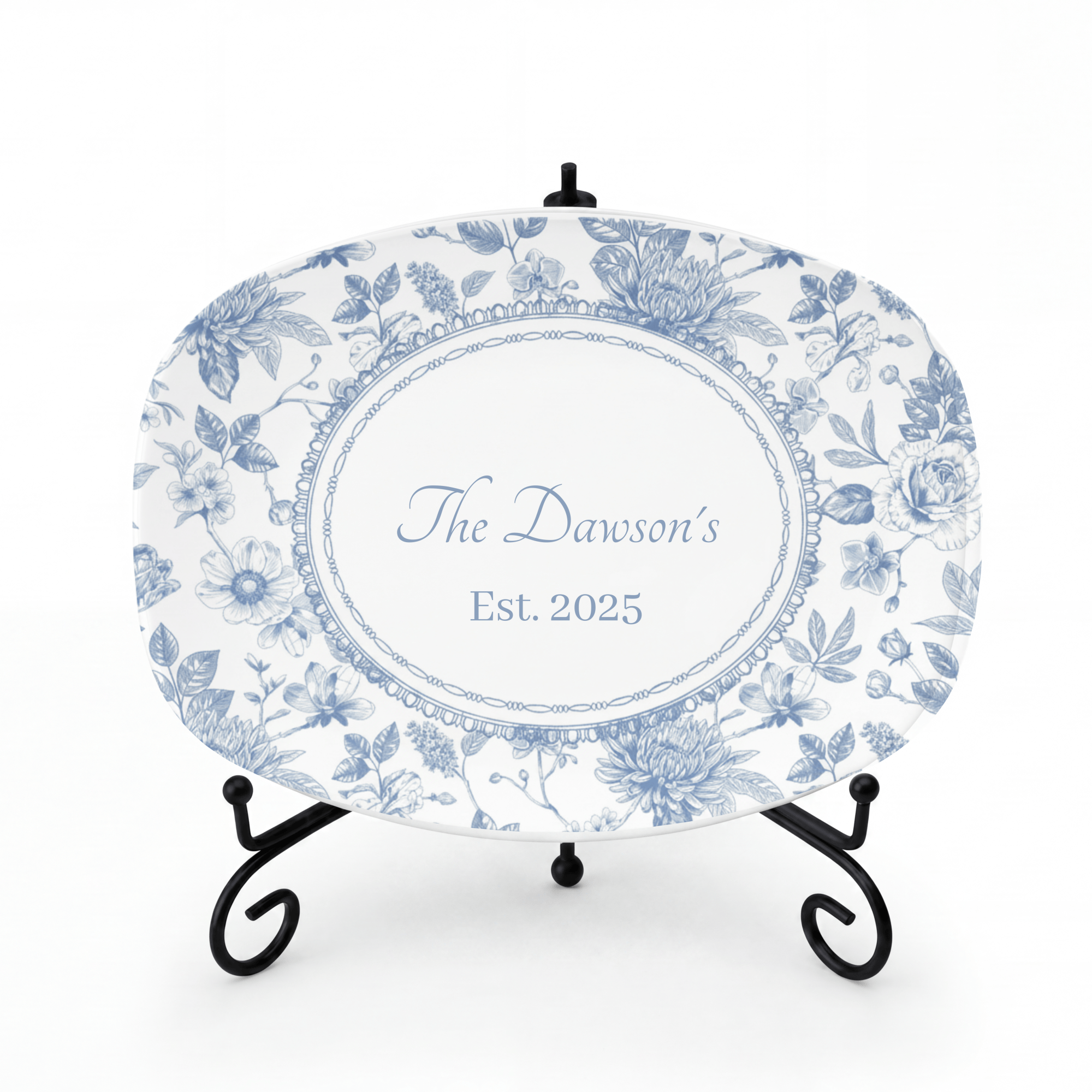 Blue Toile Family Name Platter Platter + Stand + Gift Box by Lil Plate Shop
