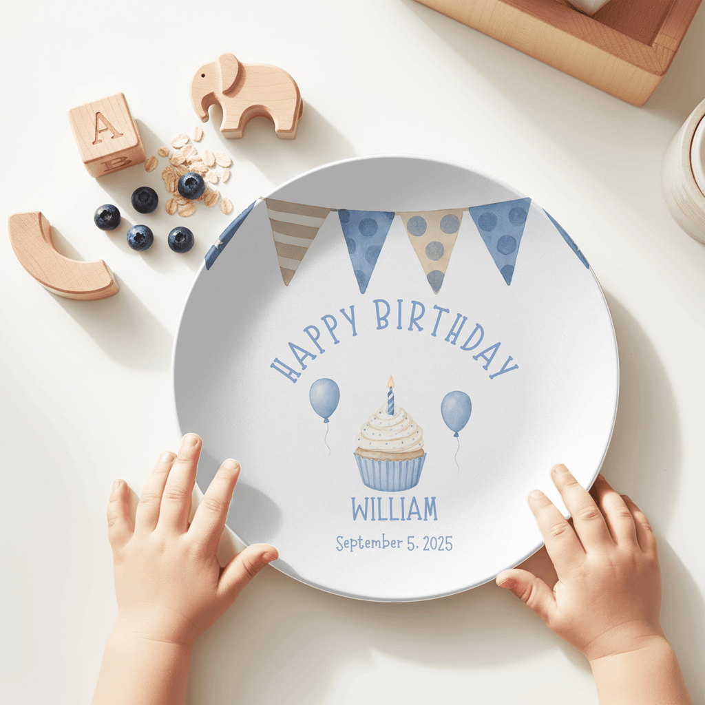 Boy Blue Brown Banner Birthday Plate by Lil Plate Shop