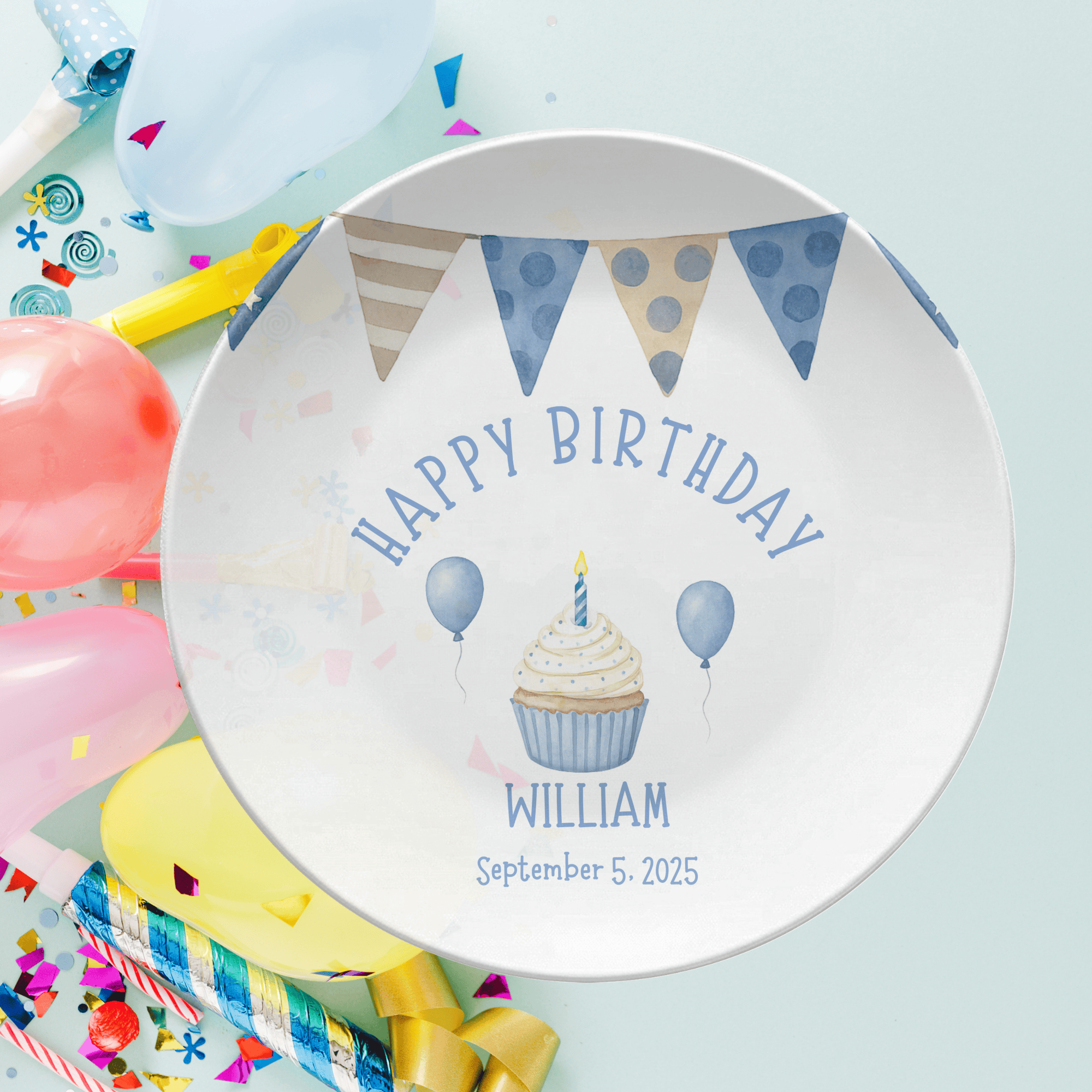 Boy Blue Brown Banner Birthday Plate by Lil Plate Shop
