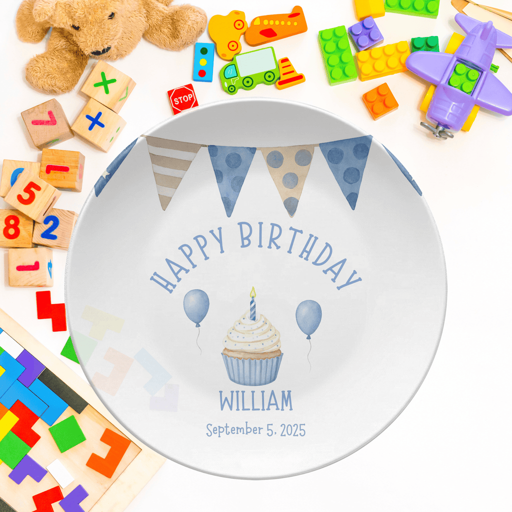 Boy Blue Brown Banner Birthday Plate by Lil Plate Shop