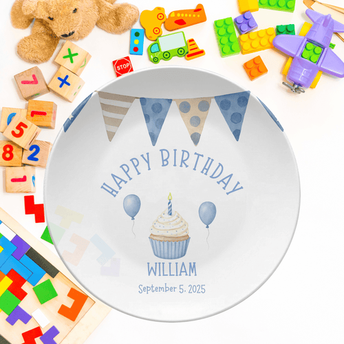 Boy Blue Brown Banner Birthday Plate by Lil Plate Shop