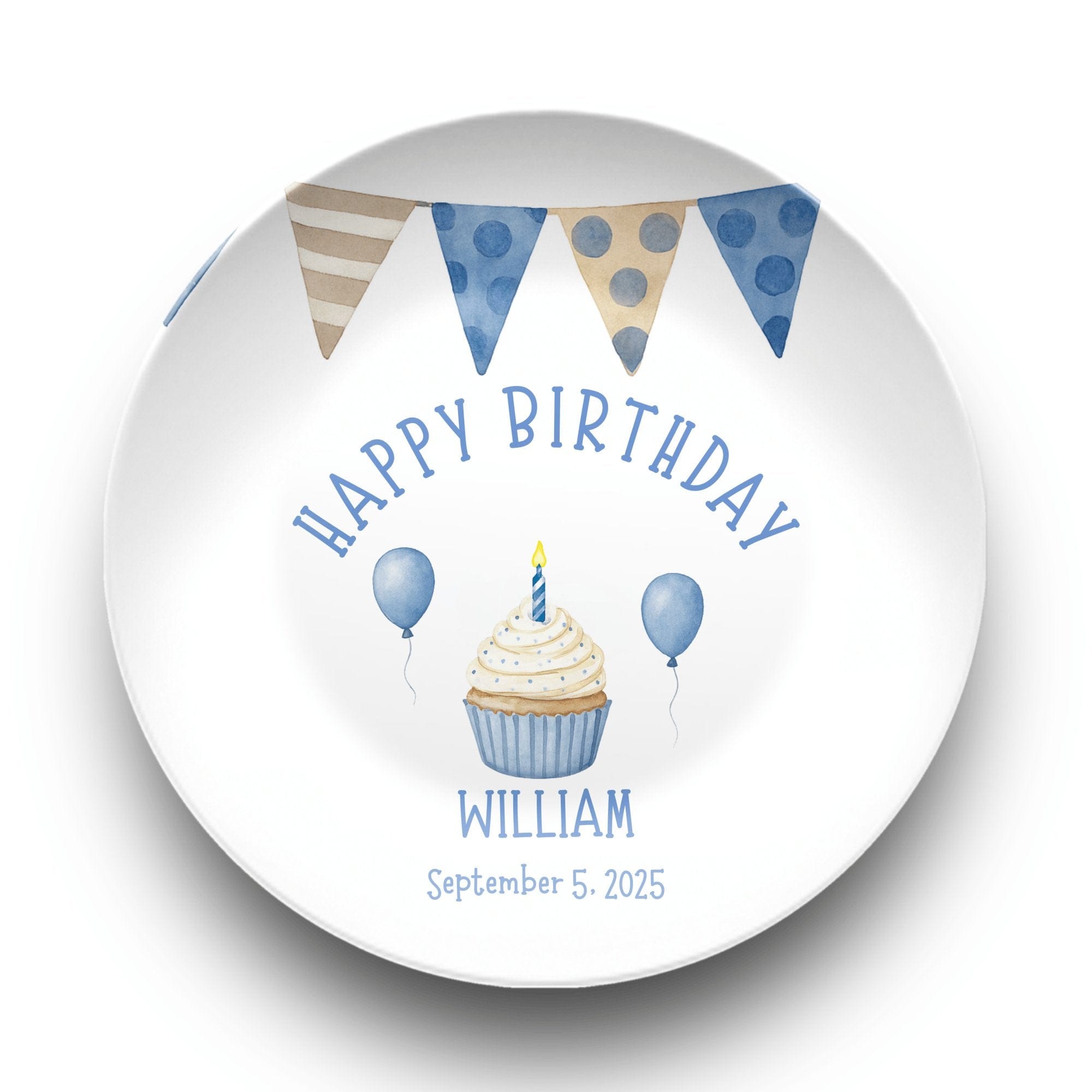 Boy Blue Brown Banner Birthday Plate by Lil Plate Shop