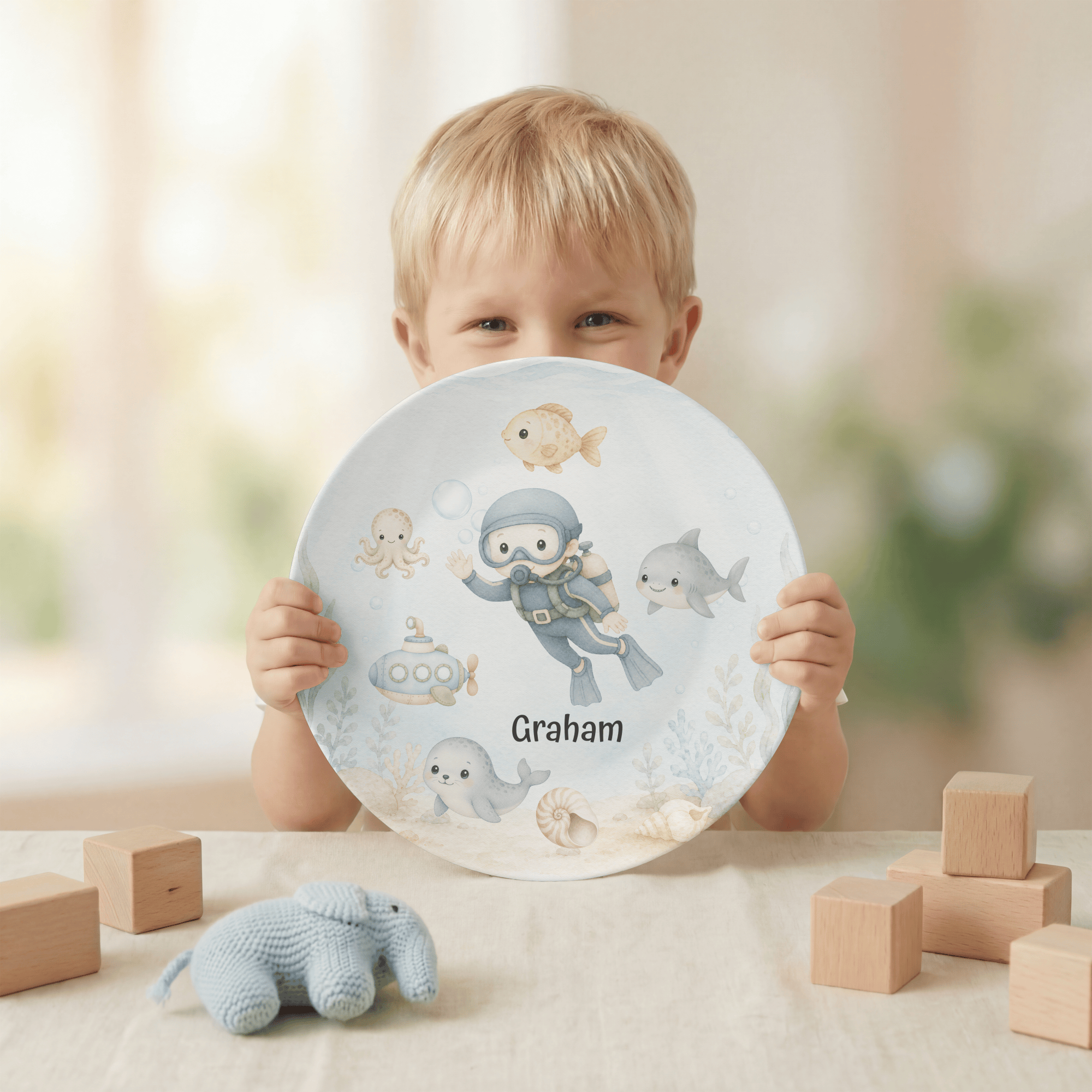 Build-Your-Own Under the Sea Plate — Personalized Kids Plate with Scuba Diver & Name by Lil Plate Shop