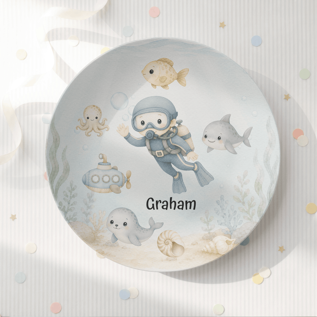 Build-Your-Own Under the Sea Plate — Personalized Kids Plate with Scuba Diver & Name by Lil Plate Shop