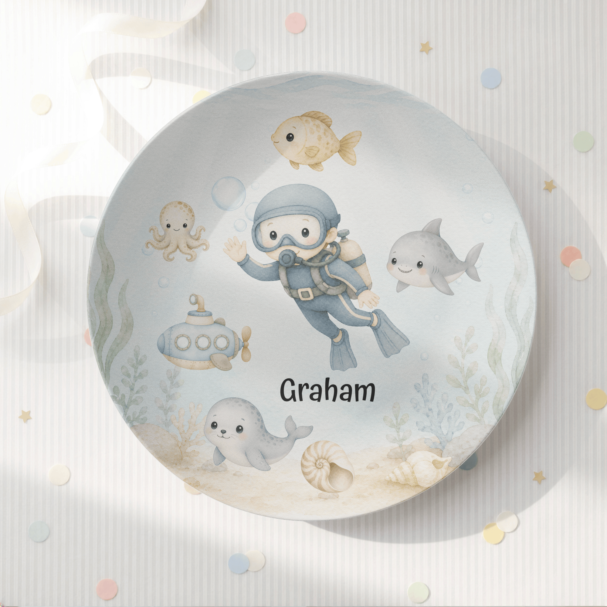 Build-Your-Own Under the Sea Plate — Personalized Kids Plate with Scuba Diver & Name by Lil Plate Shop